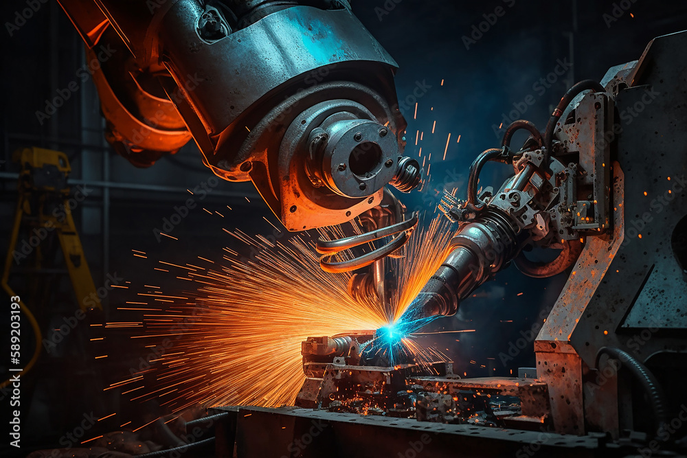 Closeup robot arm performs welding of car metal parts. Generative AI Closeup robot arm performs welding of car metal parts. Generative AI