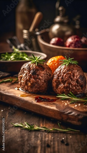 Meatballs served in restaurant. Generative AI