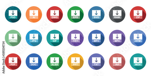 Set of vectors with various file formats/types/extensions - colored circular shadowed icons.