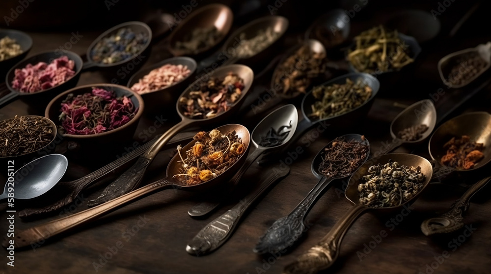 A collection of dried tea leaves presented in antique spoons. Generative AI. - obrazy, fototapety, plakaty 