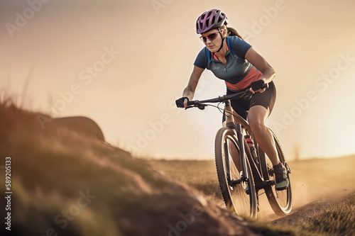 woman in mtb at sunset in the mountains