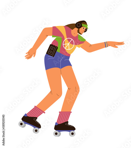 Man in the 70s style outfit roller skating and listening to music retro flat vector illustration. Woman from the 70s. Isolated on white. 