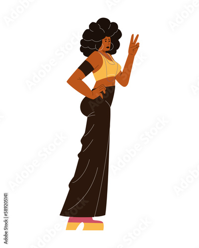 African American woman in the 70s outfit showing peace sign. People from the 70s. Isolated on white.
