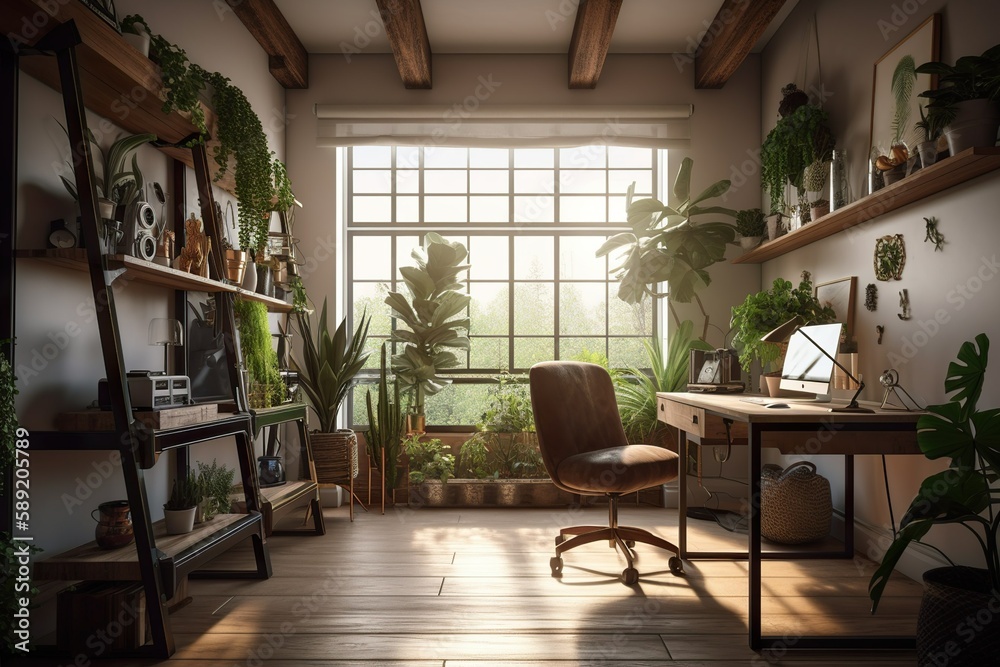 The Ideal Home Office, with perfect lighting, nice house plants, and a view from behind a person sitting naturally on a chair. The calm and serene mood invites the viewer to appreciate.