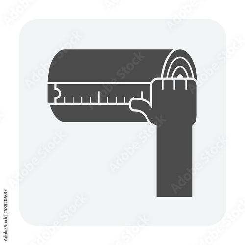Log wood or timber, measurement tape tool or scale vector icon. To measure long, length, size for check, calculate volume by lumberjack, worker or professional in wood production and sawmill industry.