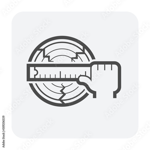 Log wood or timber, measurement tape tool or scale vector icon. To measure section size, diameter for check volume by lumberjack, worker or professional in wood production and sawmill industry.
