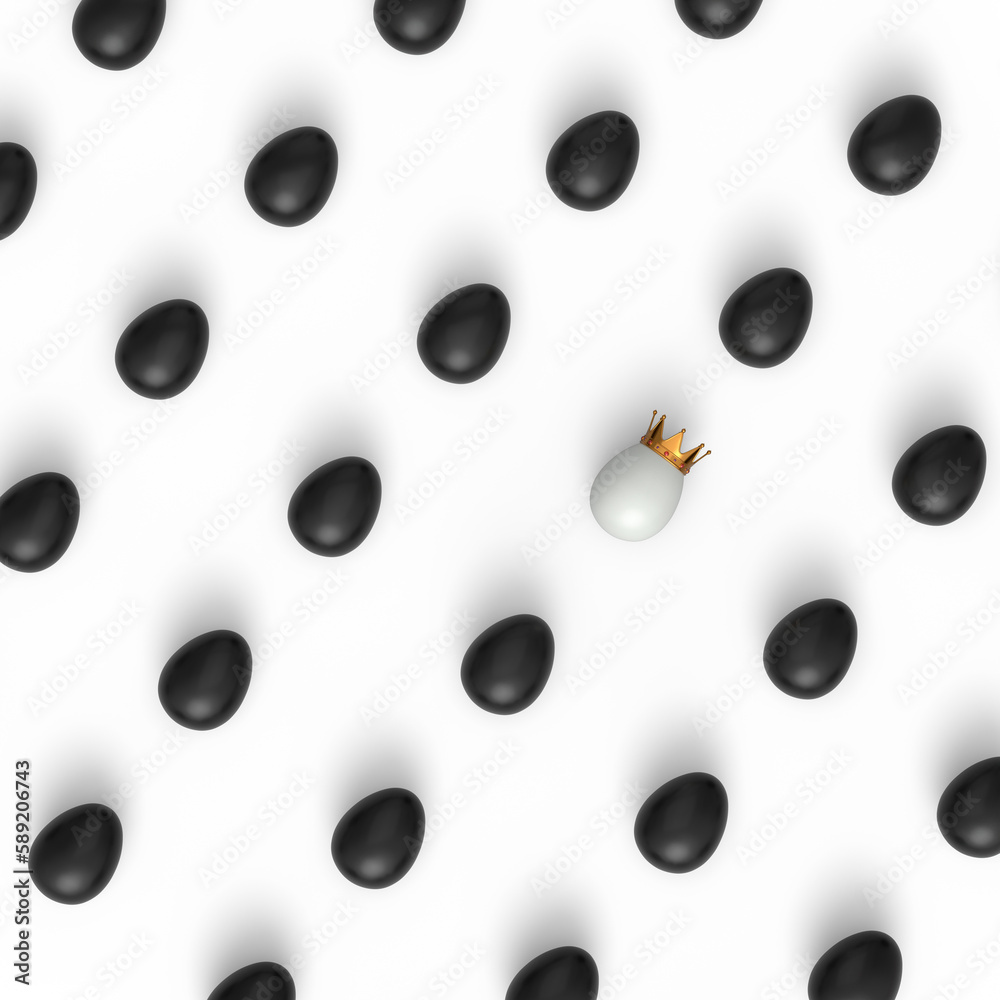 Pattern from black chicken eggs and unique white egg in gold royal king crown