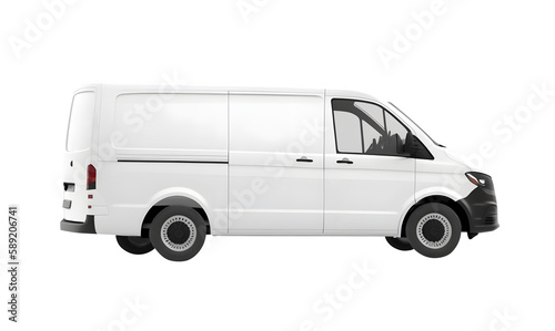 Clean blank white delivery van isolated, side view of plain car cargo carrier with large space for design, transportation logistics mockup background Ai generated