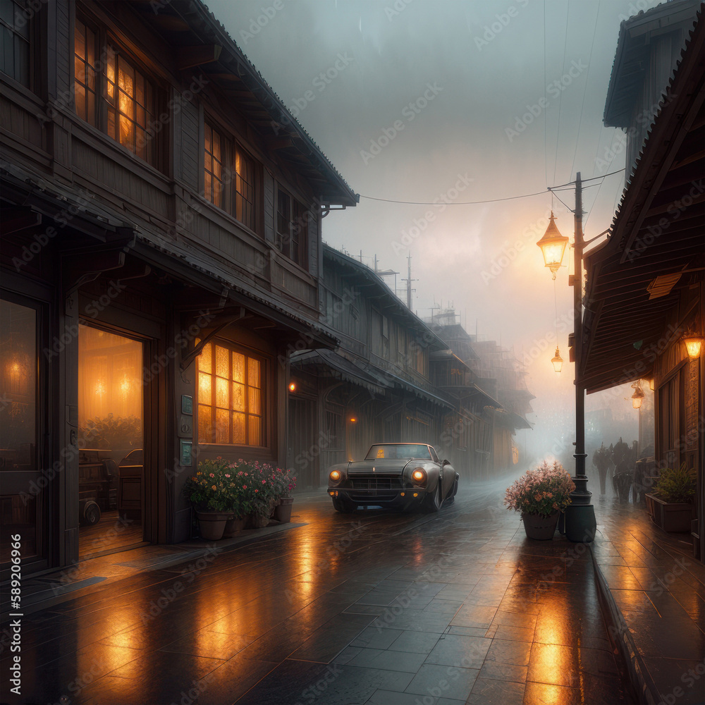 a street in the rain with a car parked on it. generated by ai