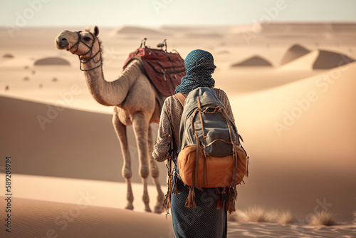 Survival Instincts  Woman and Camel Navigating the Arid Terrain  ai generative