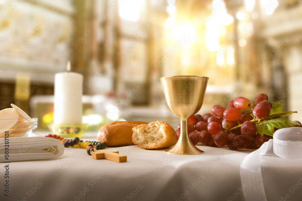 Last supper representation with sacred foods on table in church