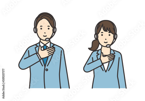 胸に手を当てるオペレーターの女性と男性のイラストセット