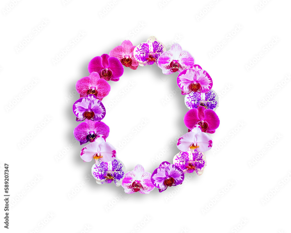 O shape made of various kinds of orchid flowers