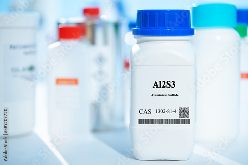 Al2S3 aluminium sulfide CAS 1302-81-4 chemical substance in white plastic laboratory packaging