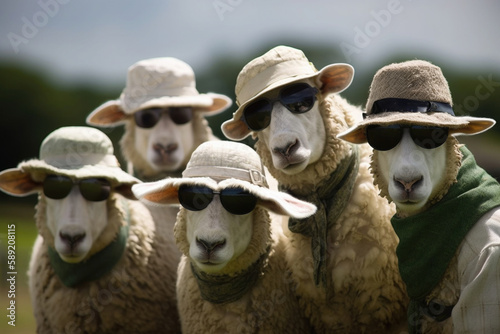 Lustige Herde Schafe posiert lässig und cool mit Sonnenbrillen und Hüten auf der Weide. Ein ungewöhnlicher Moment voller Spaß und Modebewusstsein. photo