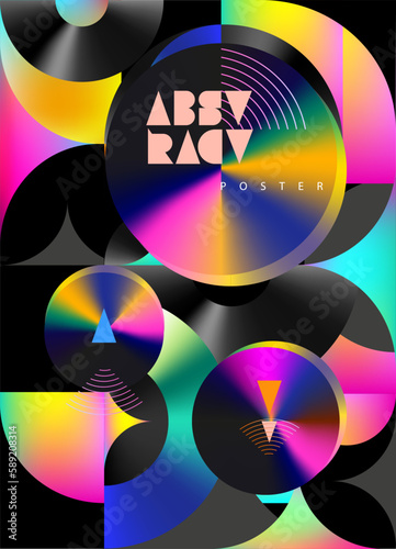 Bright vector multicolored pattern. Abstract geometric background of circles, squares, sector and colorful elements. 