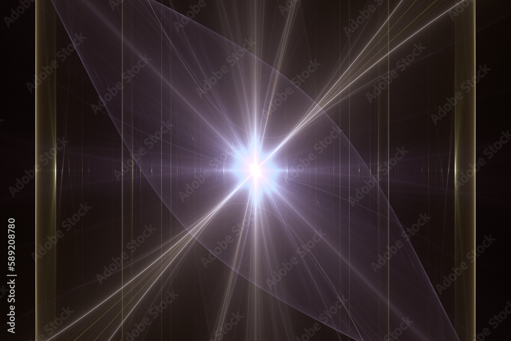 Purple glowing pattern of curved waves and rays on a black background. Abstract fractal 3D rendering