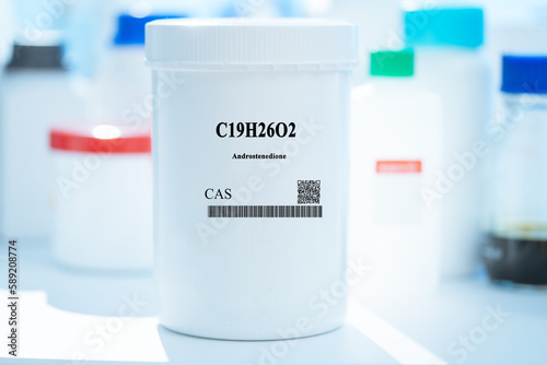 C19H26O2 androstenedione CAS  chemical substance in white plastic laboratory packaging photo