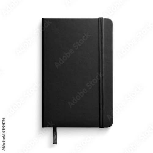 Top view of a black leather notebook mockup isolated on a transparent background, PNG. High resolution. 