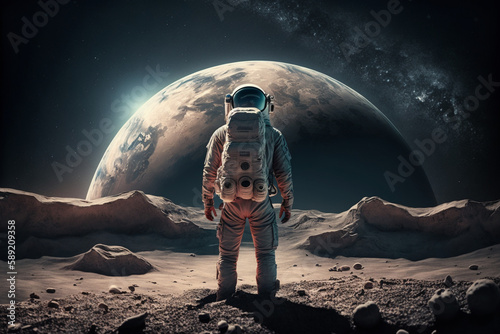 Fotobehang Amazed astronaut on the moon surface watches another planet