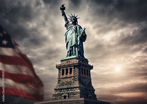 a statue of liberty with an american flag