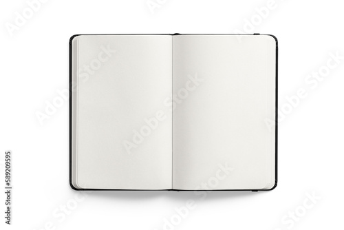 Top view of a black leather notebook mockup isolated on a transparent background, PNG. High resolution. 