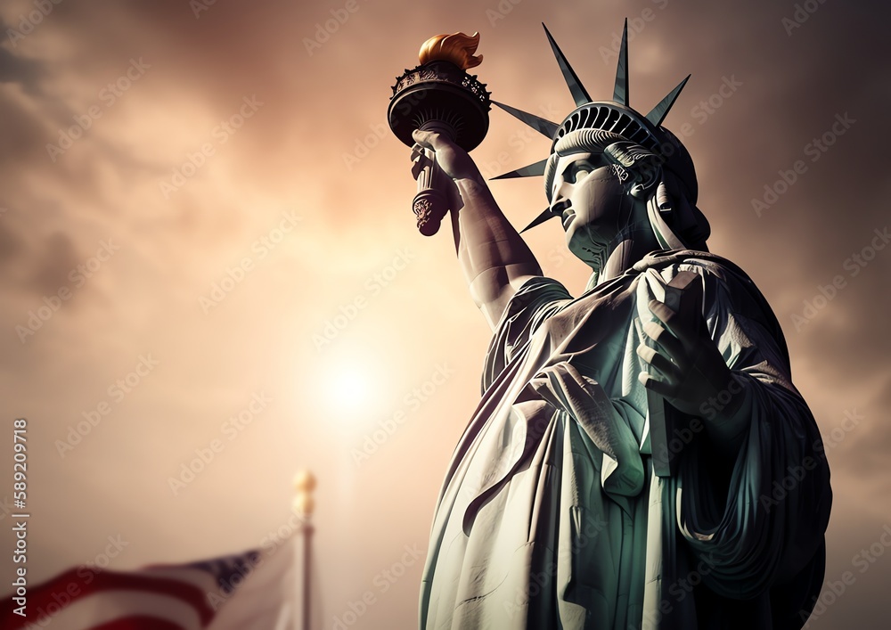 Obraz premium a statue of liberty with an american flag