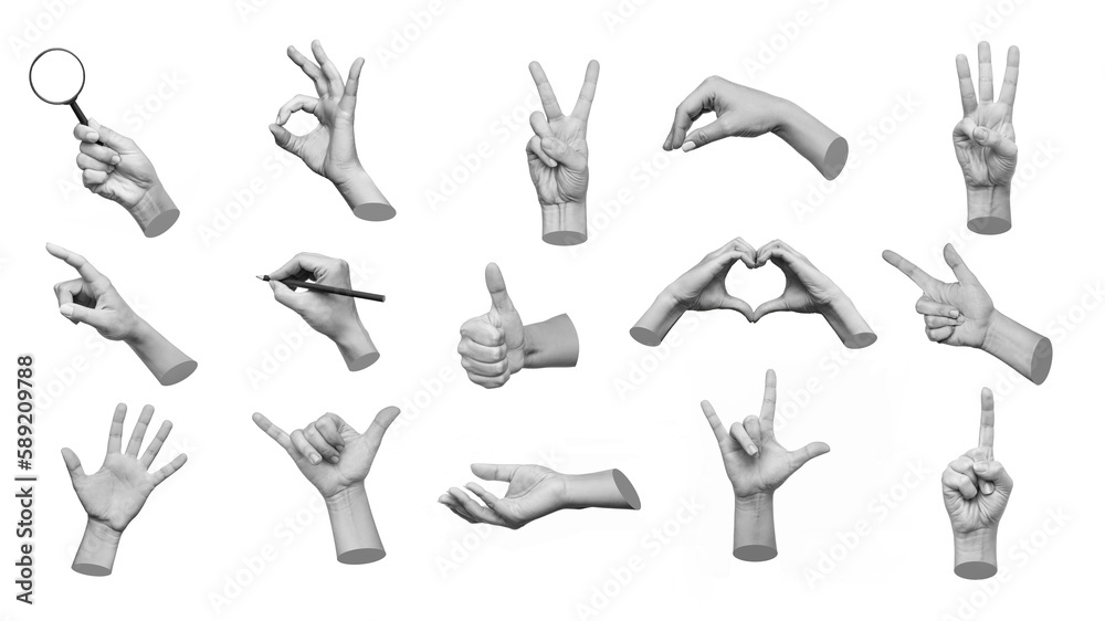 Collection of 3d hands showing gestures ok, peace, thumb up, point to object, shaka, rock, holding magnifying glass, writing on white background. Contemporary art, creative collage. Modern design Collection of 3d hands showing gestures ok, peace, thumb up, point to object, shaka, rock, holding magnifying glass, writing on white background. Contemporary art, creative collage. Modern design