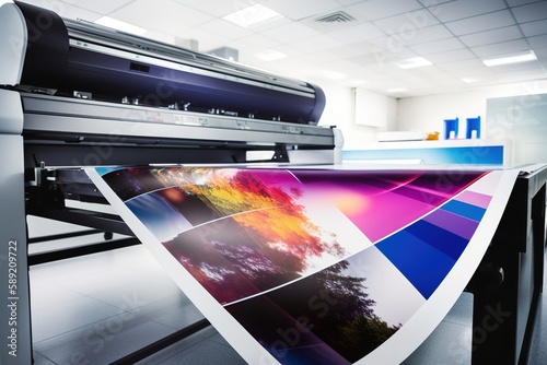 Large wide digital inkjet printing machine during production. Generative Ai.
