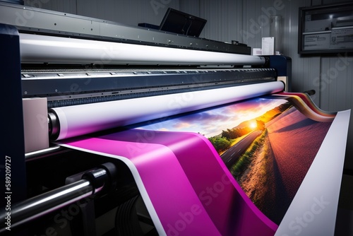 Large wide digital inkjet printing machine during production. Generative Ai. photo