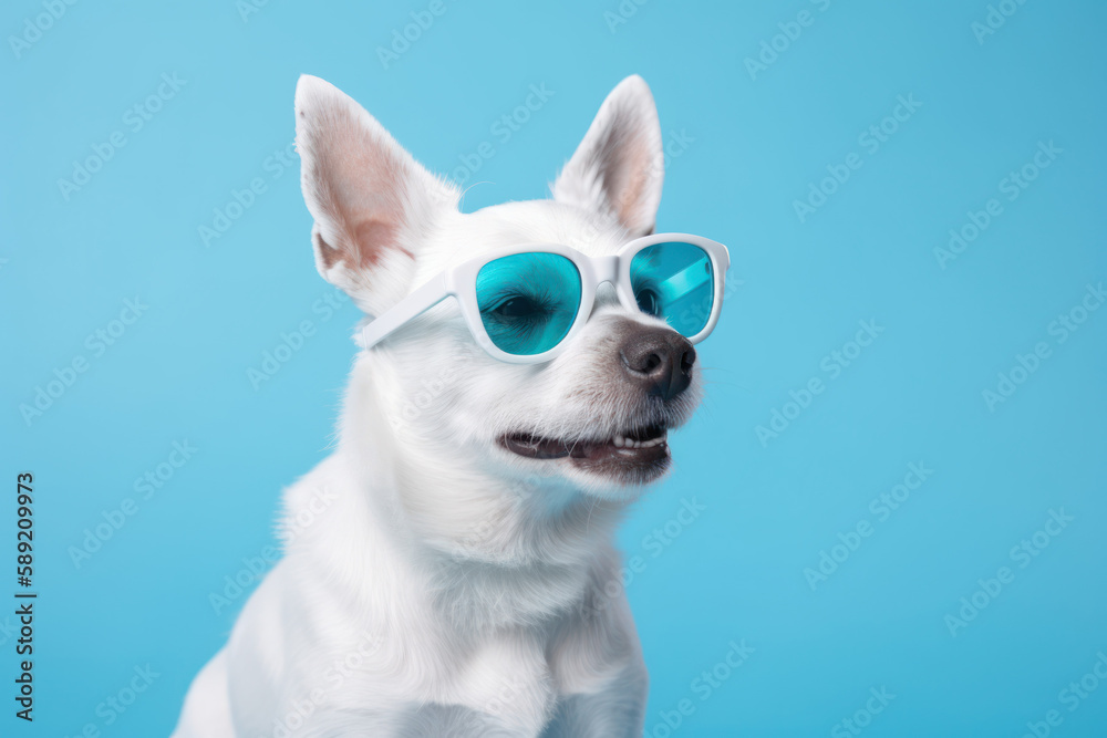 Funny stylish cool white dog dressed up for summer wearing blue sunglasses, portrait shot against a blue studio background. Generative AI. Funny stylish cool white dog dressed up for summer wearing blue sunglasses, portrait shot against a blue studio background. Generative AI.