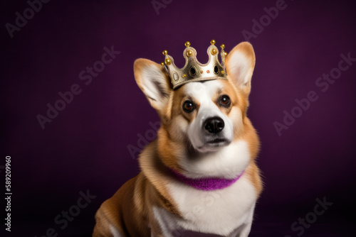 Pembroke Welsh Corgi dog dressed with a British royal family crown & robe, in celebration of King Charles III's coronation. Generative AI.