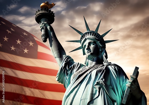 a statue of liberty with an american flag