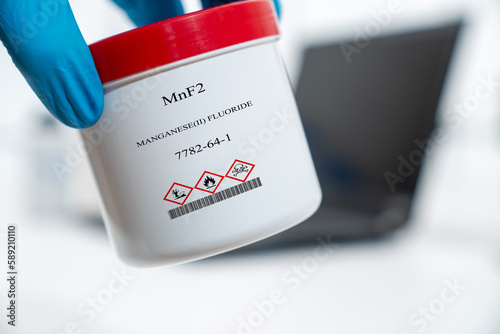 MnF2 manganese(II) fluoride CAS 7782-64-1 chemical substance in white plastic laboratory packaging