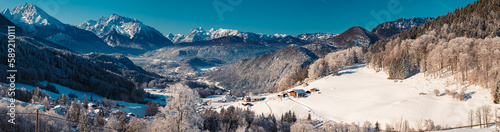 High resolution stitched winter panorama at the Rossfeld panorama road near Berchtesgaden, Bavaria, Germany