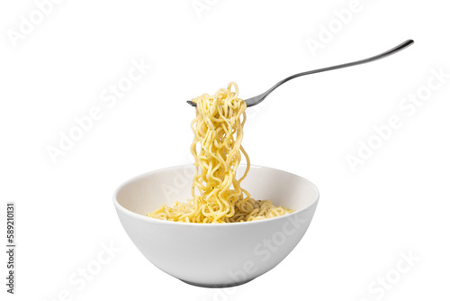 Plate with cooked noodles. The fork takes the noodles. Instant noodles