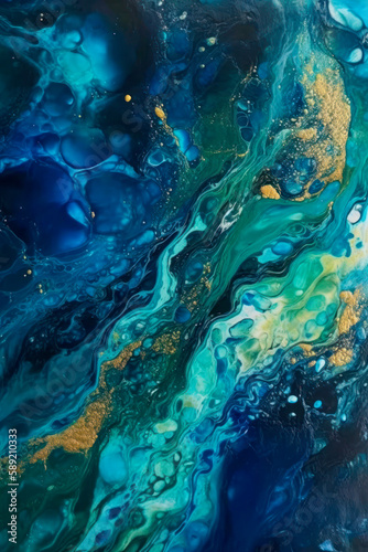 "Oceanic Depths": Create a fluid art image that features deep shades of blue and green, reminiscent of ocean waters. Add metallic accents to create depth and shimmer