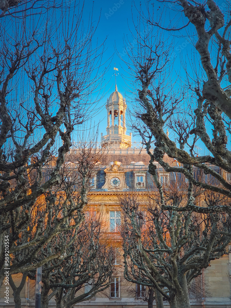 Φωτογραφία City Hall of Asnieres as seen through the sycamore trees alley outdoors in the park