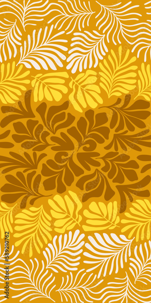Gold yellow abstract background with tropical palm leaves in Matisse style. Vector seamless pattern with Scandinavian cut out elements. Gold yellow abstract background with tropical palm leaves in Matisse style. Vector seamless pattern with Scandinavian cut out elements.