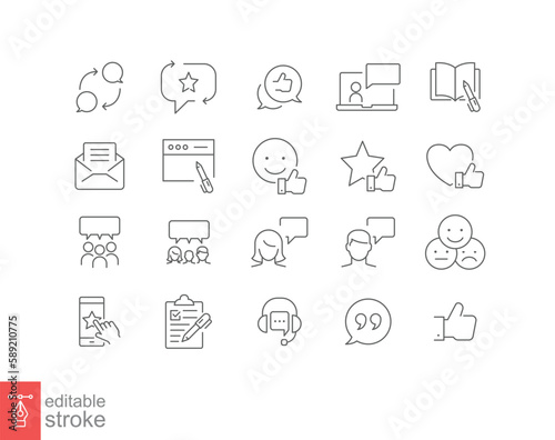Business and finance web line icon set. Testimonials, customer relationship management or CRM concept. Simple outline style symbol collection. Vector illustration isolated. Editable stroke EPS 10.