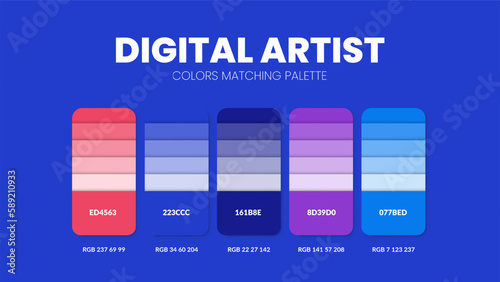 Color palette in Digital Artist colour theme collections. Color inspiration or colour chart with codes template. Color combination set of RGB. Colors swatch for graphic design, art, fashion or website