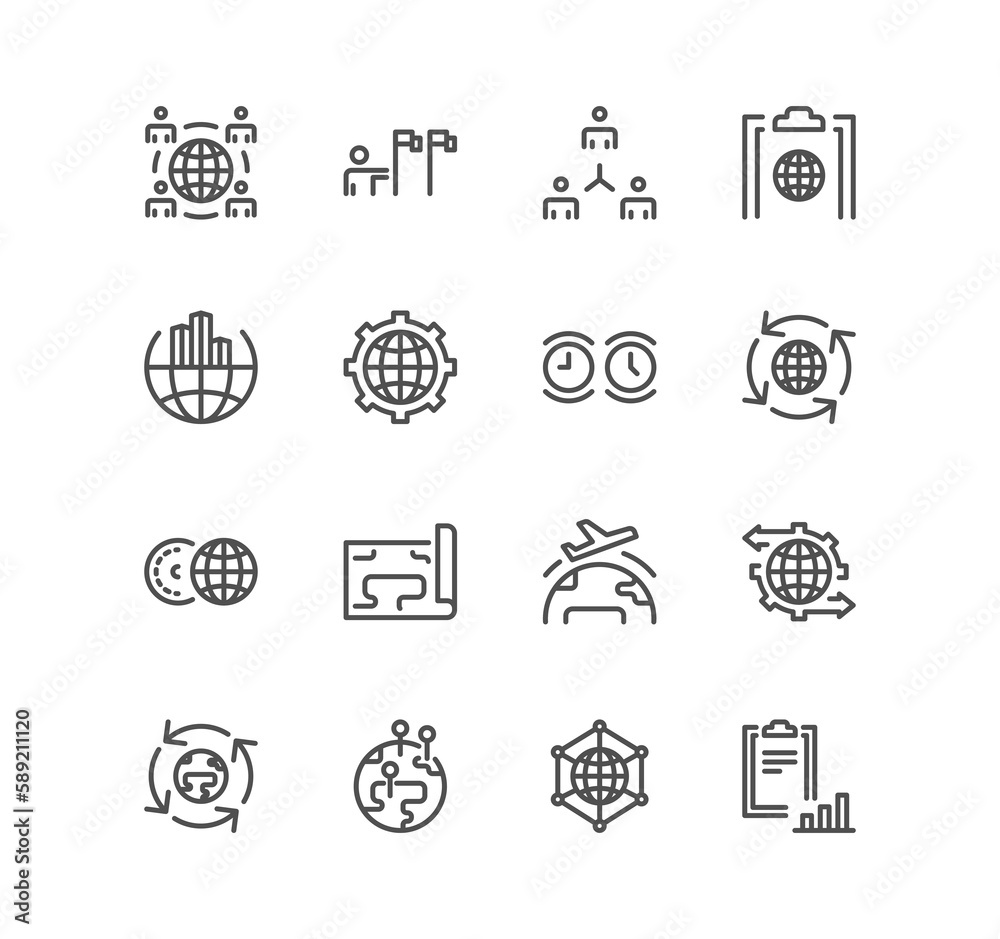 Set of global business and related icons, international partnership, outsourcing, branch office and linear variety symbols.	
