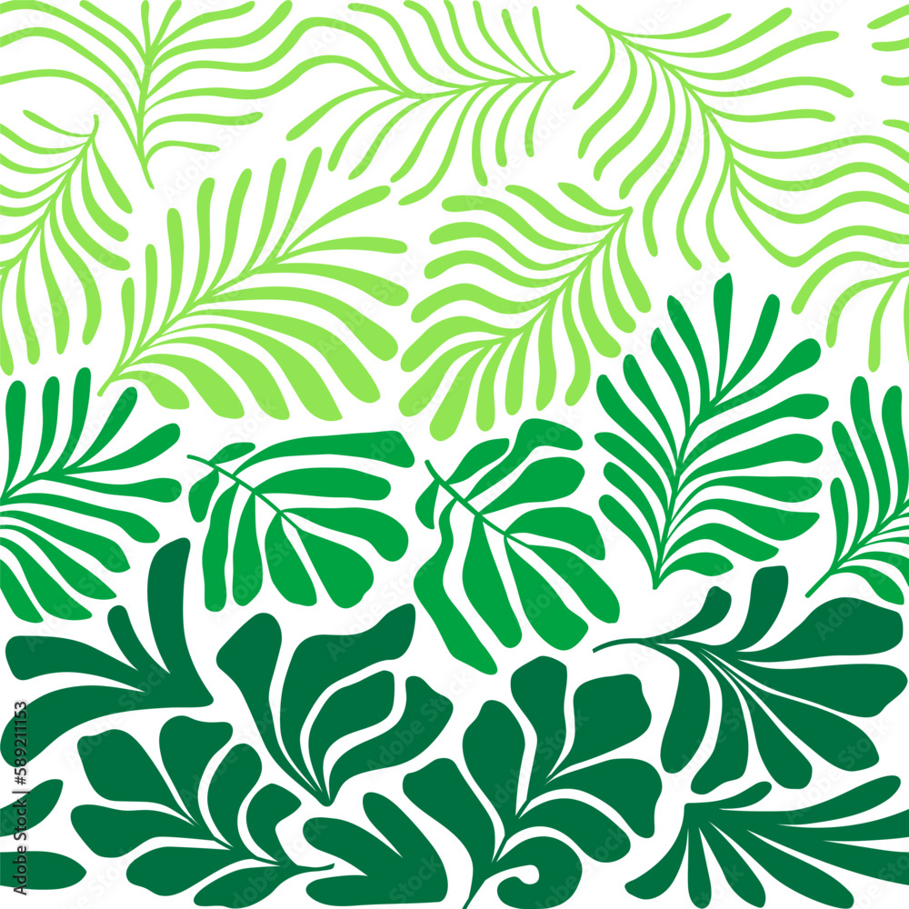 White green abstract background with tropical palm leaves in Matisse style. Vector seamless pattern with Scandinavian cut out elements.