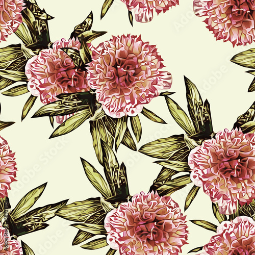 Peonies and leaves composition seamless pattern.