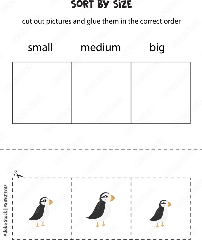 Sort cute puffins by size. Educational worksheet for kids.