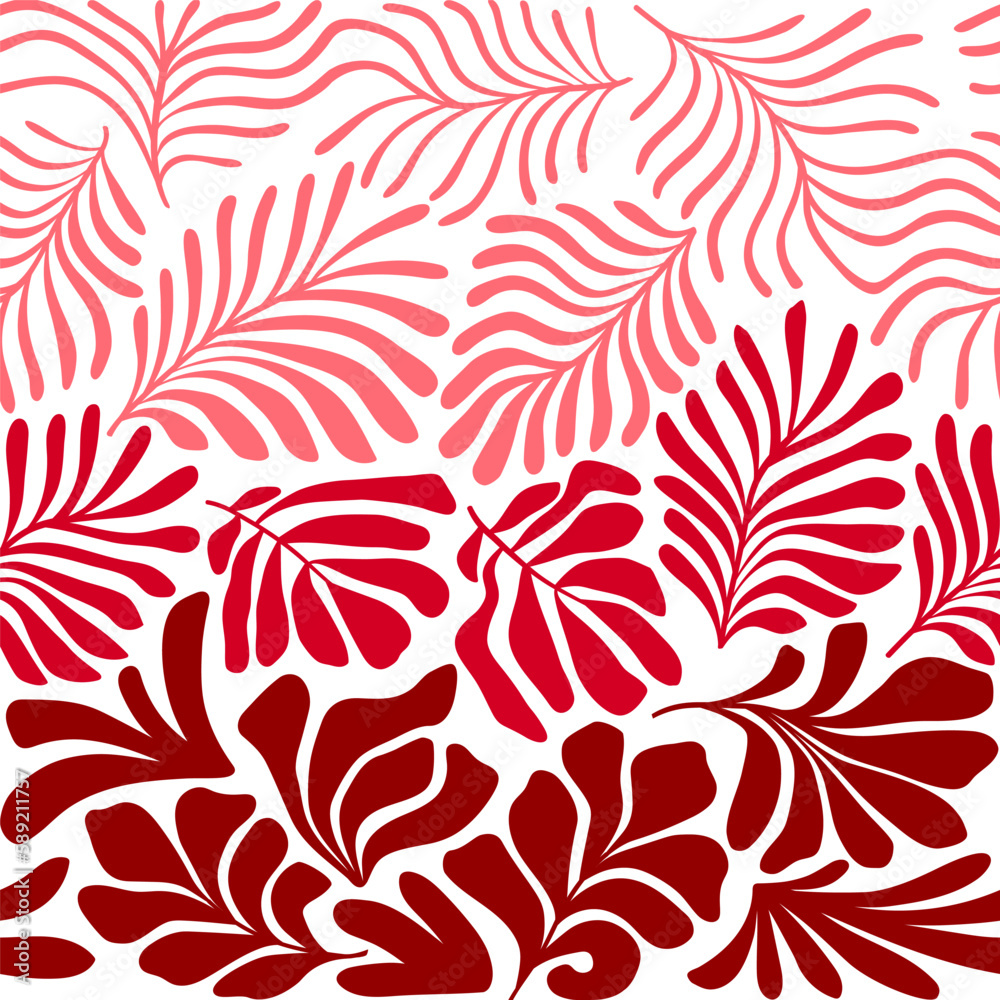 Fototapeta premium Red white abstract background with tropical palm leaves in Matisse style. Vector seamless pattern with Scandinavian cut out elements.