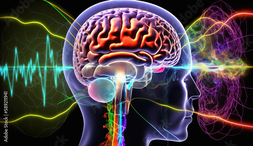 Brain wave on abstract background. Neural network concept. Limbic system and human brain anatomy. Digital science technology concept. Cerebral cortex and cerebrum medical poster 3D vector illustration