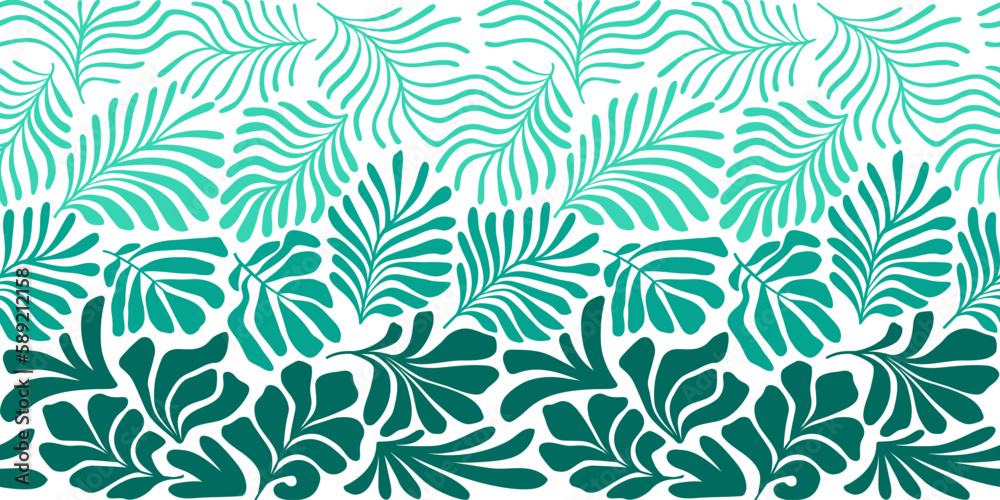 Turquoise white abstract background with tropical palm leaves in Matisse style. Vector seamless pattern with Scandinavian cut out elements. Turquoise white abstract background with tropical palm leaves in Matisse style. Vector seamless pattern with Scandinavian cut out elements.