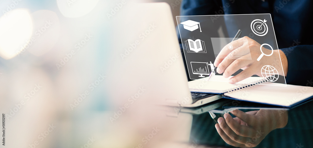 E-learning education, internet lessons and online webinar. Person who ...
