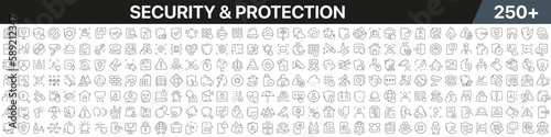 Security and protection linear icons collection. Big set of more 250 thin line icons in black. Security and protection black icons. Vector illustration